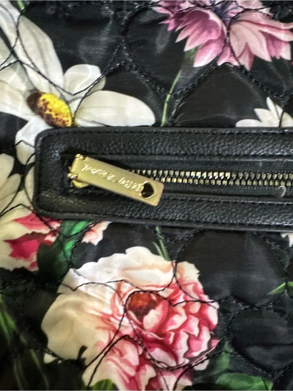 Betsey Johnson Black + Pink Quilted Floral Cute Casual Bucket Bag Tote